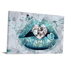 Lip Canvas Wall Art Woman Fashion Diamond Painting Picture Teal Lips Artwork