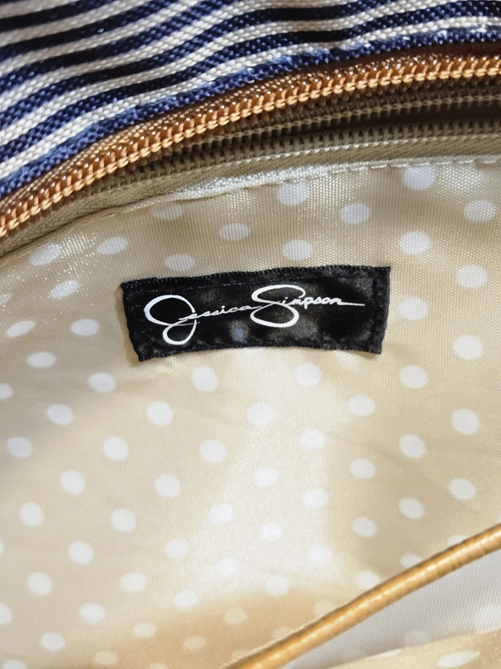 Bolso de Mano Jessica Simpson Lg Borde Marrón Con Rayas Azul Marino 14x12 Nuevo con Etiquetas Foto 3 de 4