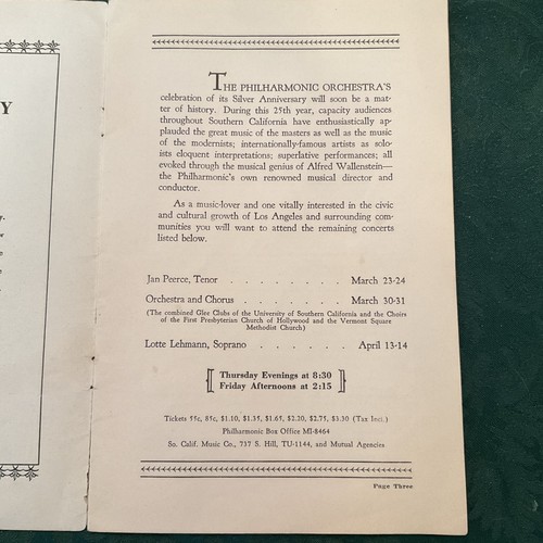 RARE 1943-44 Program LA PHILHARMONIC ORCHESTRA PROGRAM JAN PEERCE LOTTE LEHMANN - Afbeelding 3 van 5