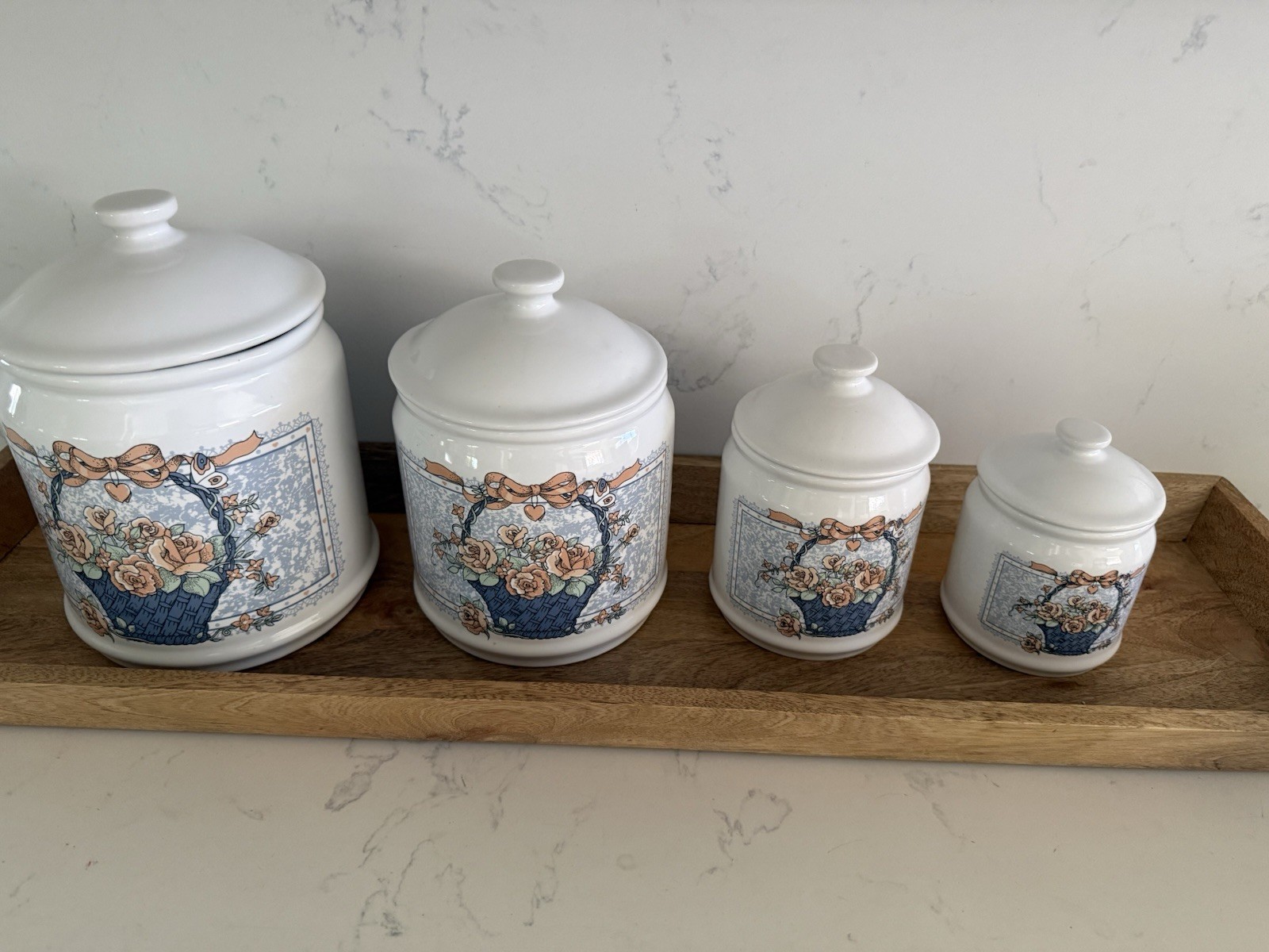 1970-80’s Vintage Floral Butterfly White Canister  4 Pc Set