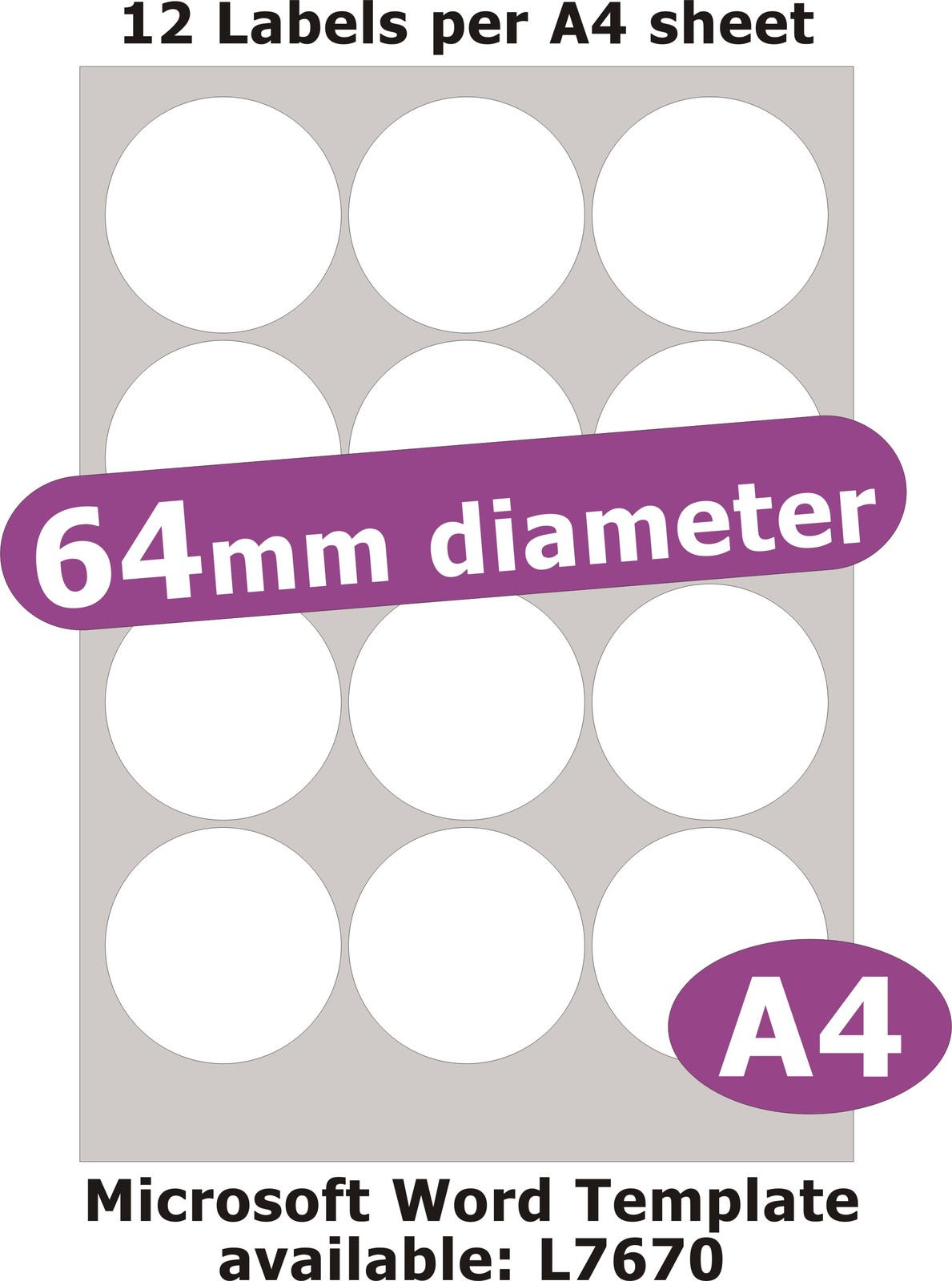 64mm Round 60 Labels Matt White Paper 5 A4 Sheets Laser Copier Inkjet ...
