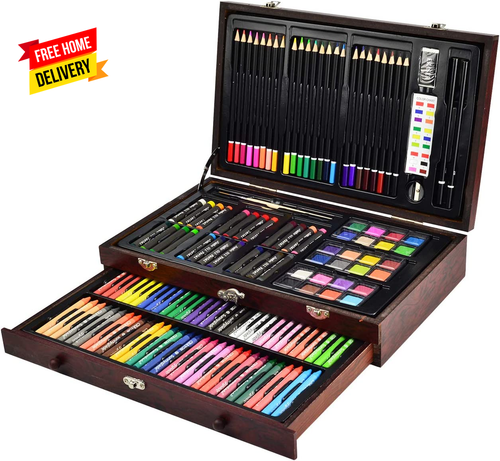 45 Piece Deluxe Art Set Wooden Box & Drawing Kit with Crayons Oil Pastels Colore - Picture 2 of 6