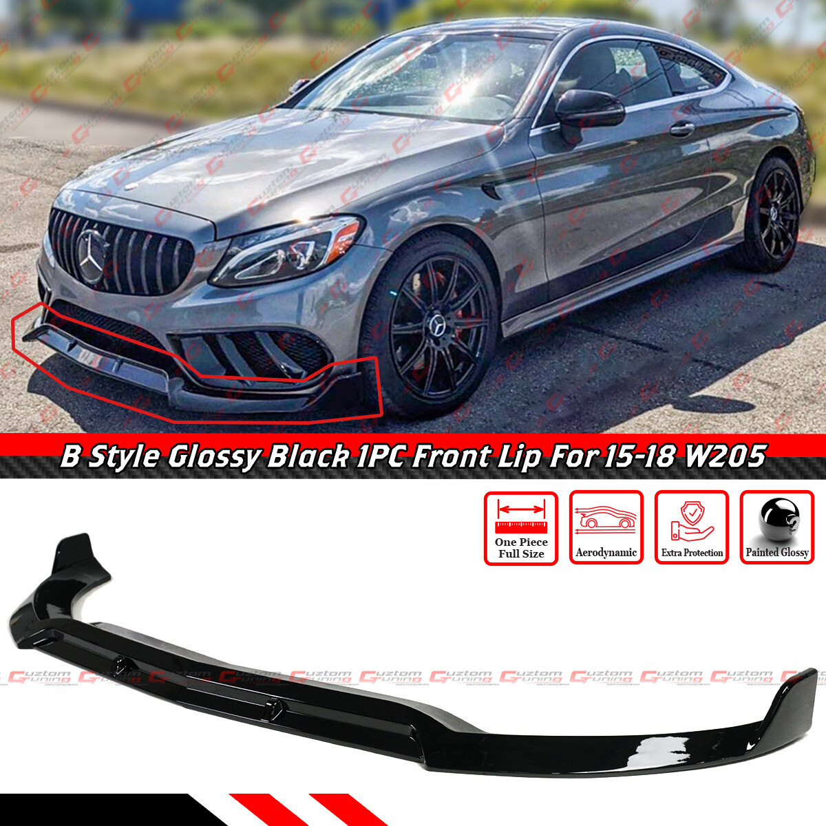 FOR 15-18 MERCEDES BENZ W205 AMG SPORT GLOSS BLACK 1PC B STYLE FRONT BUMPER LIP