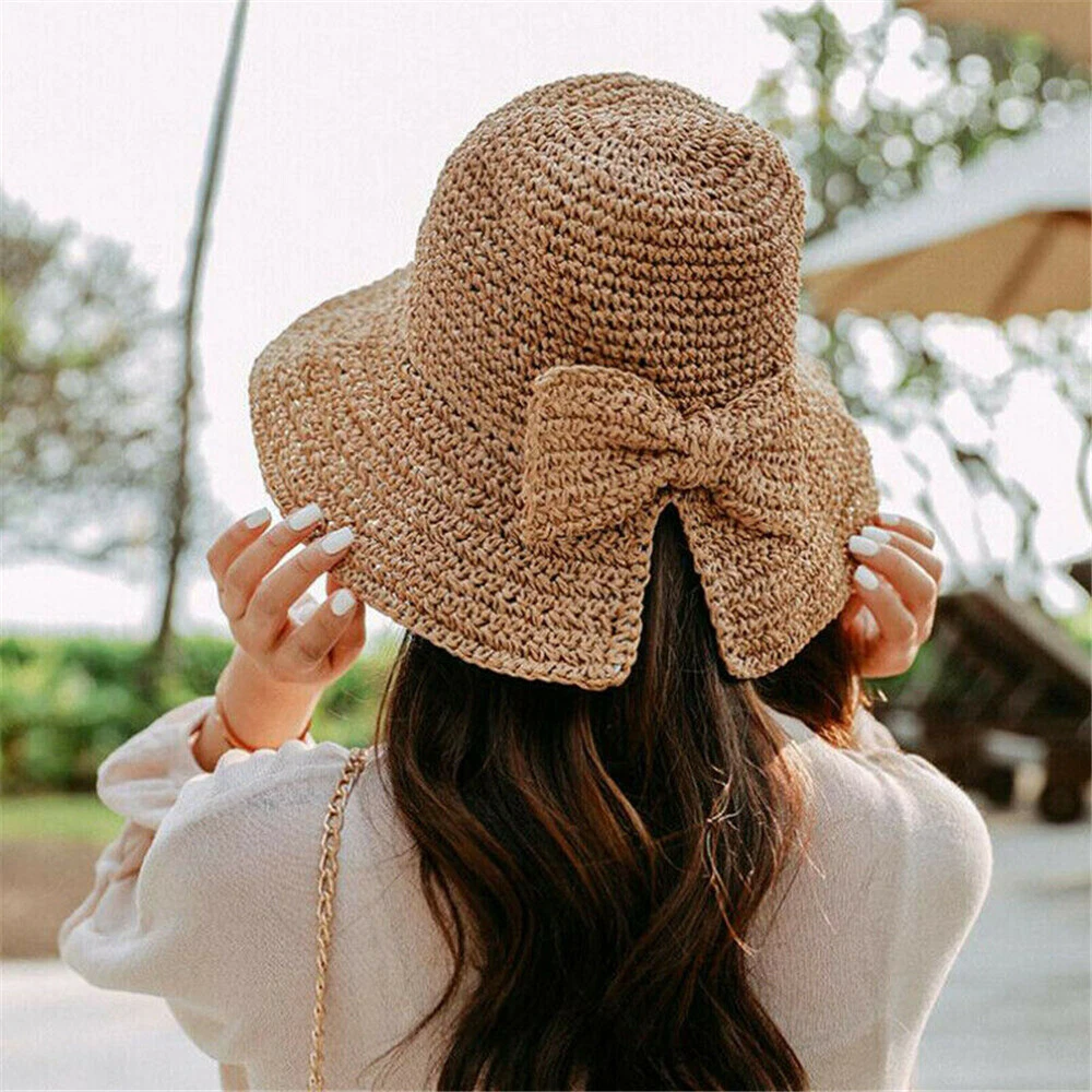 Ladies Straw Hat Foldable Straw Hat Summer Bow Sun Hats Women Beach Brimmed  Caps