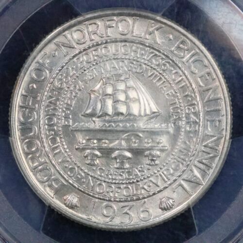 Medio dólar conmemorativo del bicentenario de Norfolk 1936 50c - graduación profesional MS 65 - Imagen 3 de 6