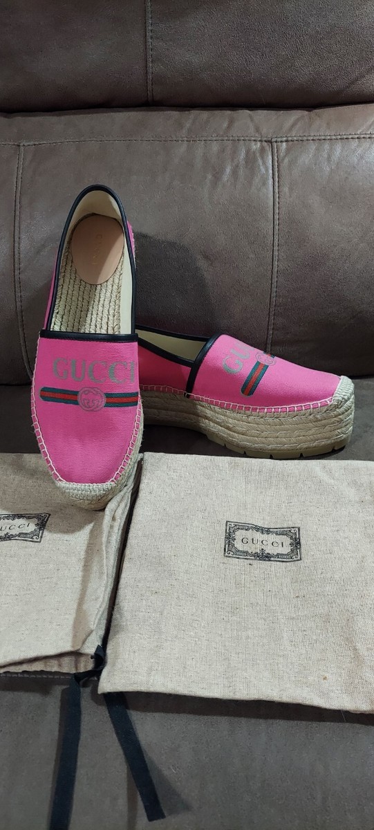 Gucci Logo Canvas Platform Espadrilles Hot Pink Size NEW