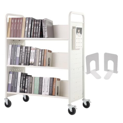 Rolling Book Cart, Double Sided W-Shaped Sloped Shelves