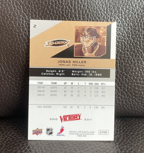 Jonas Hiller Signed 2010-11 Upper Deck Victory Hockey Card #2 Anaheim Ducks - Picture 2 of 2