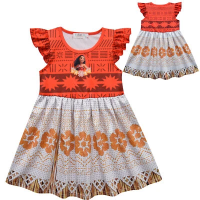 Girls Princess Dress Moana Flutter Sleeve Dresses Movie Cotton Movie Costume  | eBay