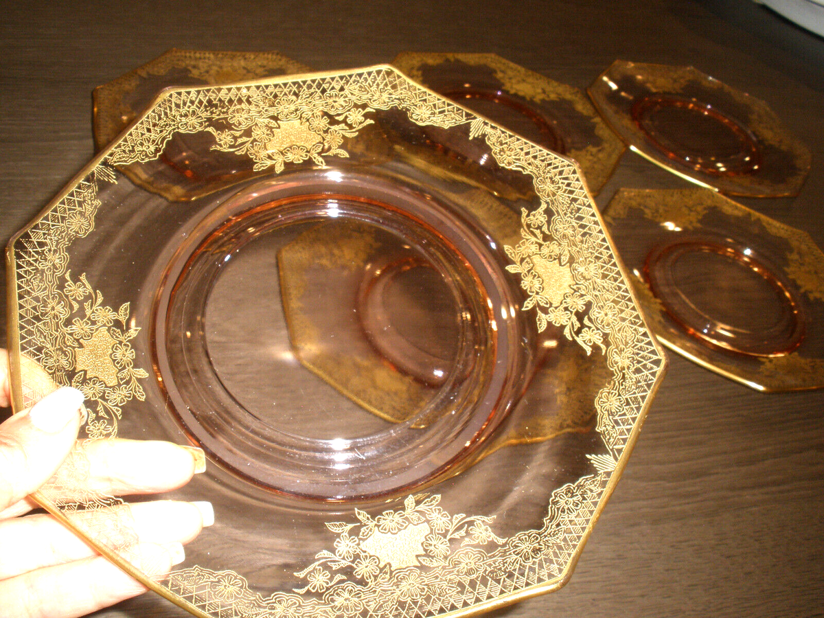 moser デザートプレート　新品未使用品 RARE SET OF 7 GLASS ANTIQUE MOSER 24K GILT PINK SALAD DESSERT
