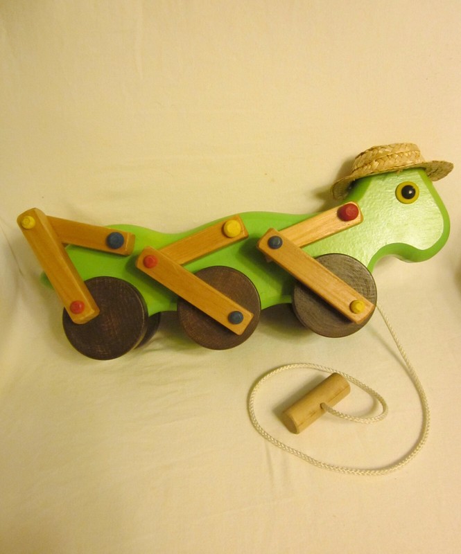 WONDERFUL WOODEN PULL TOY, PERHAPS "JIMINY CRICKET"?  GREEN WITH STRAW HAT, 13"