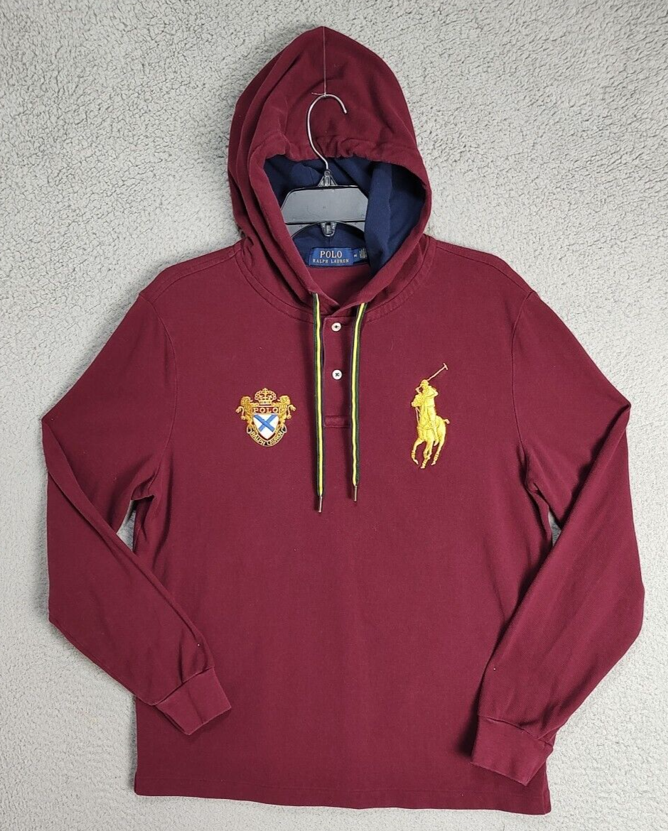 Felpa con cappuccio Polo Ralph Lauren adulto medio bordeaux grande oro pony ricamo stemma uomo