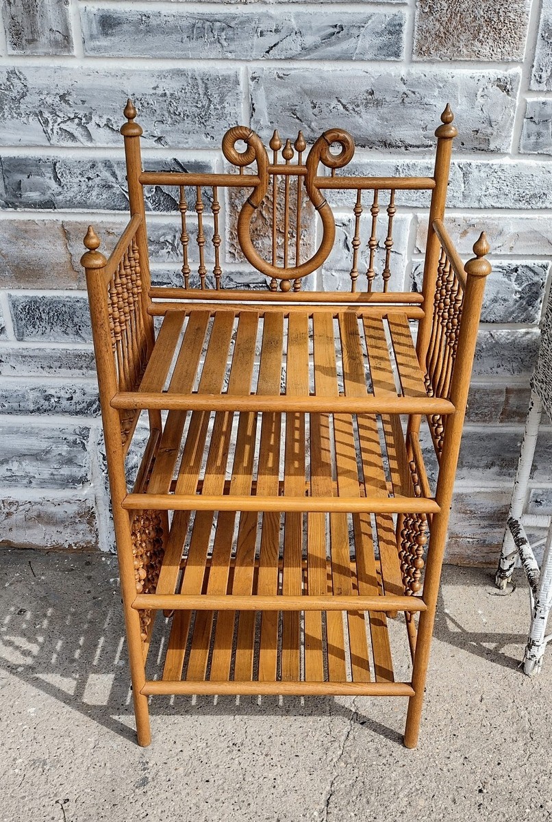 Antique Victorian Bentwood Oak Lyre 4 Tier Music Stand Shelf