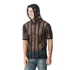 Mens See through Sport Undershirt Club Mesh Fishnet Short Sleeve Hooded T-Shirt