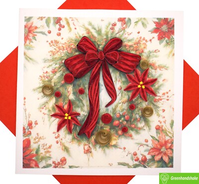 Festive Poinsettia & Bow Christmas Quilling Greeting Card - GREENHANDSHAKE