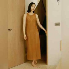 UNIQLO x MAME KUROGOUCHI Design Sleeveless Maxi Dress Mustard Brown Size M Sheer