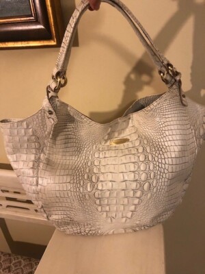 Brahmin Jacqueline OFF WHITE / GRAY Melbourne Croc Embossed Leather Hobo Bag EUC