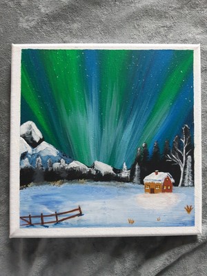 Original Aurora Borealis Gemälde Nordlichter Kunst Landschaft Leinwand Wand 20cm