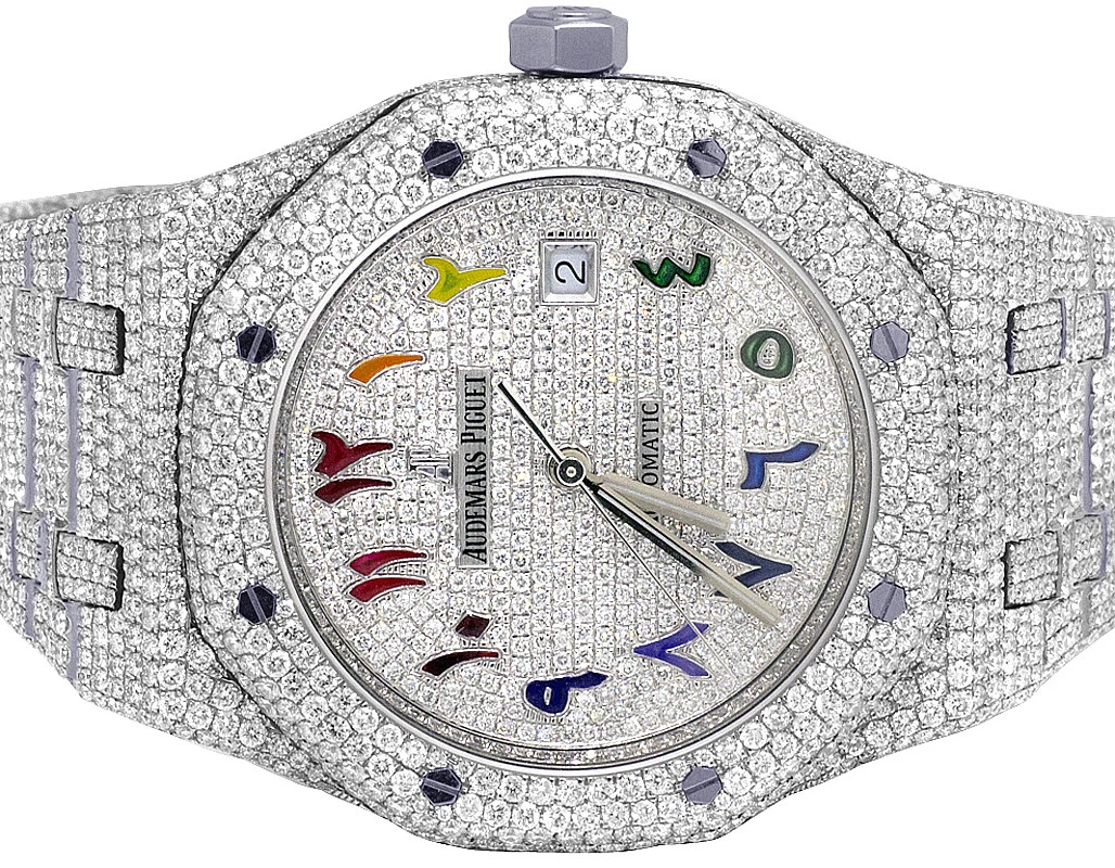 Audemars Piguet — Mens Audemars Piguet Royal Oak 41MM Steel VS Rainbow Dial Diamond Watch 33.0 Ct