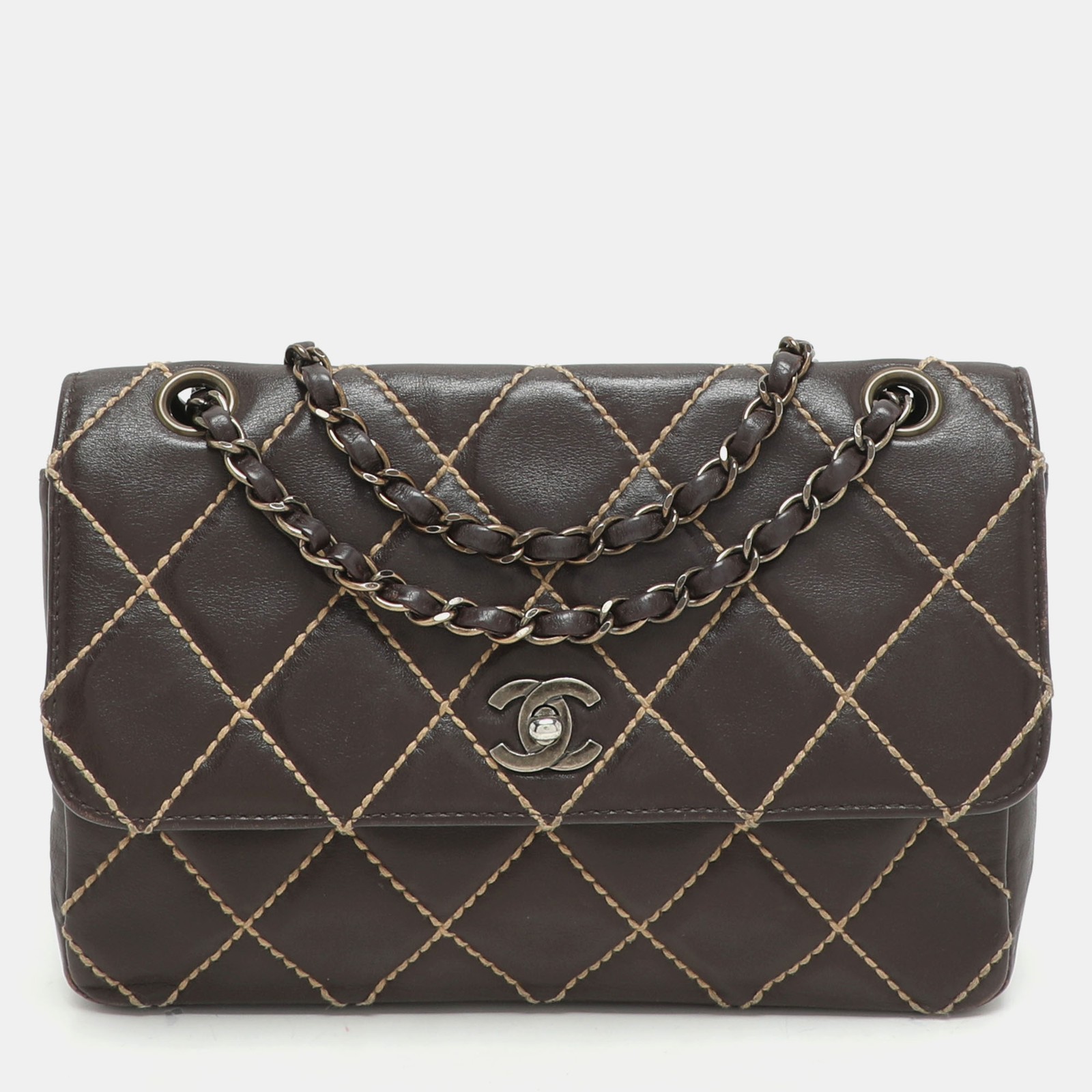 Chanel Brown Quilted Leather Wild Stitch Surpique Flap Bag  