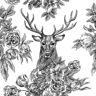 REDAMANCY Black and White Deer Damask Modern Flowers Abstract Art Peel and St...