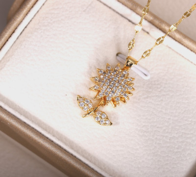 Titanium Gold Flower Sunflower Spin Pave CZ Pendant Chain Necklace