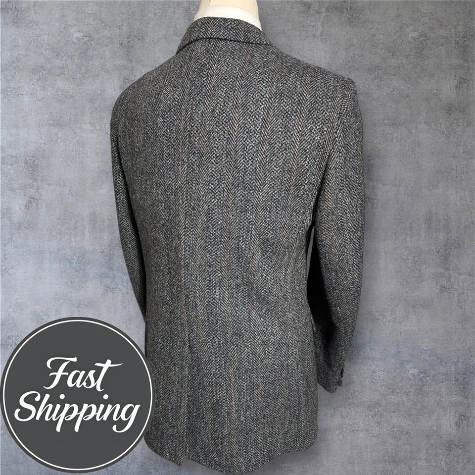 Vintage HARRIS TWEED WOOL Mens Blazer 46L Sport Coat Jacket Gray Herringbone USA - Image 2 of 4