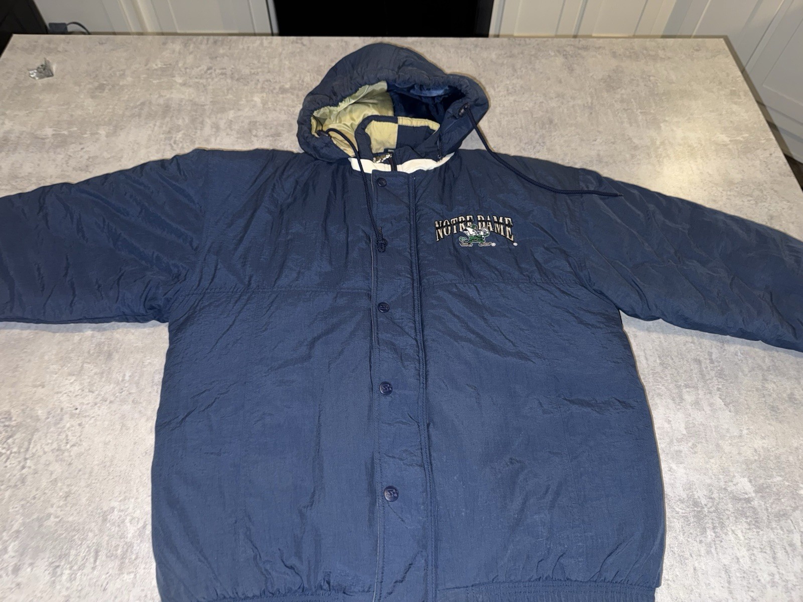 Vintage Notre Dame Fighting Irish Puffer Jacket Mens Large Blue Starter Football