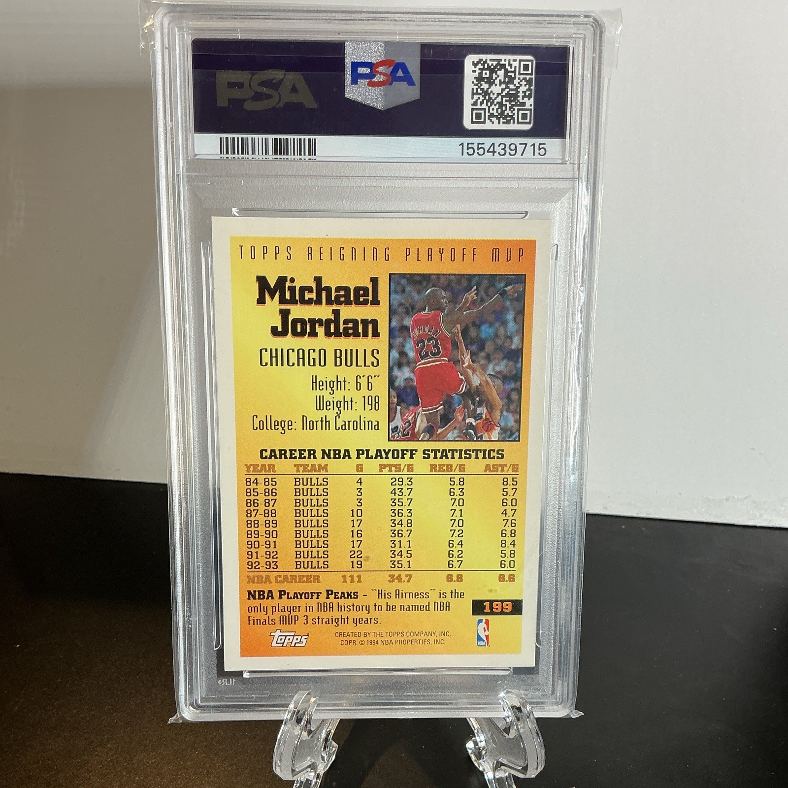 Topps Playoff MVP Michael Jordan #199 Bulls 1993-94 Topps PSA 7 Graded view 3