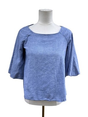 Zara Basic Blue Linen Blend Top XS Flowy Boxy Short Sleeve Minimal Summer Blouse