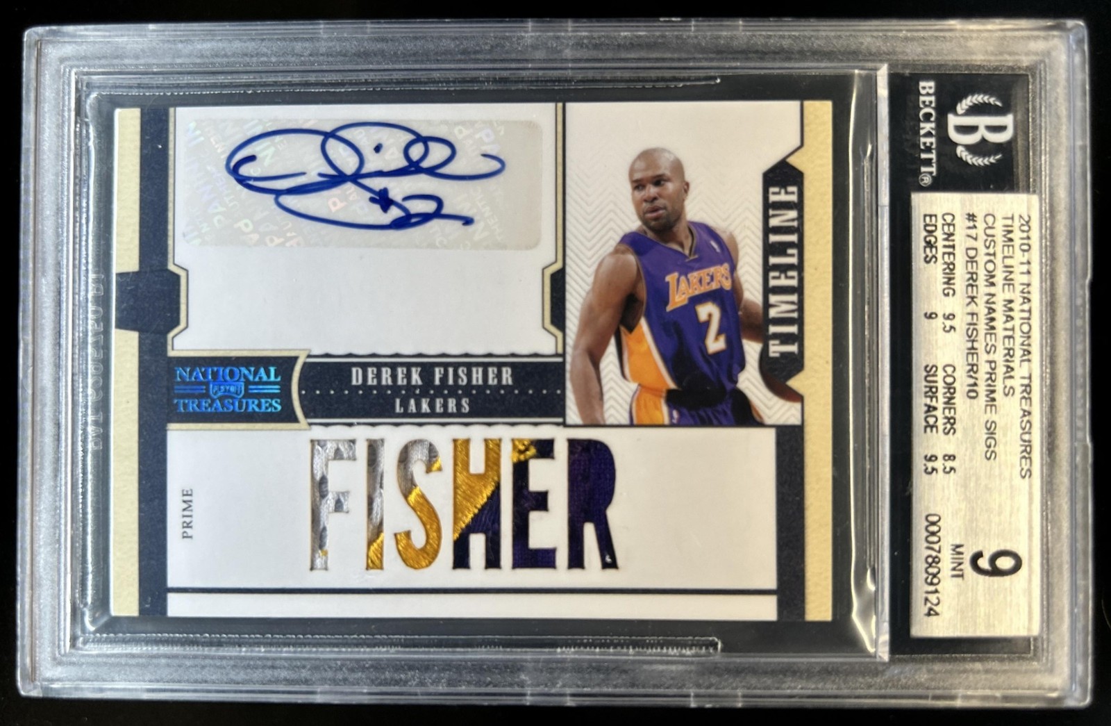 2010 National Treasures Derek Fisher Timeline Custom Prime Patch Auto #/10 BGS 9