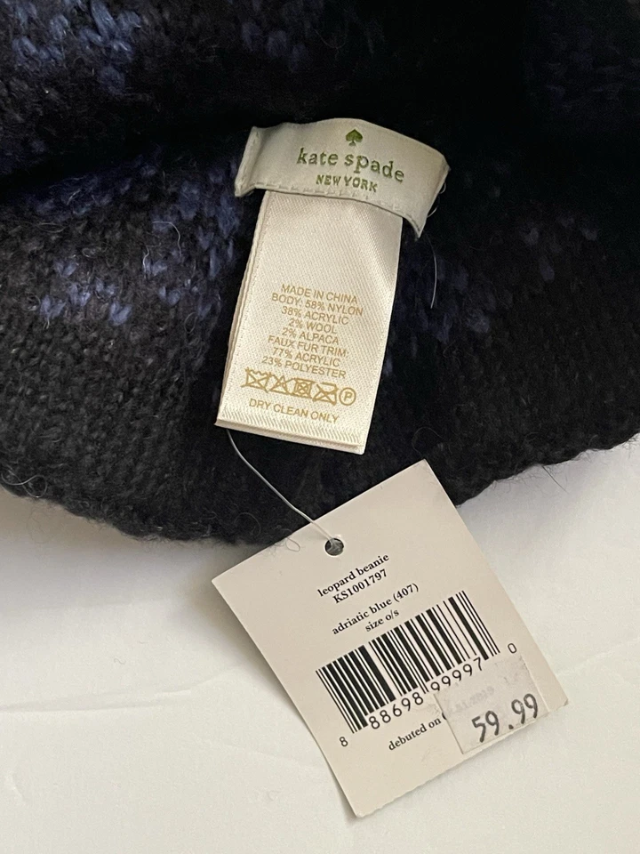Kate Spade Poms 蓝色 Beanie Beanies 帽子 Leopard Meow 零售 $59 — 第 2/2 张图片
