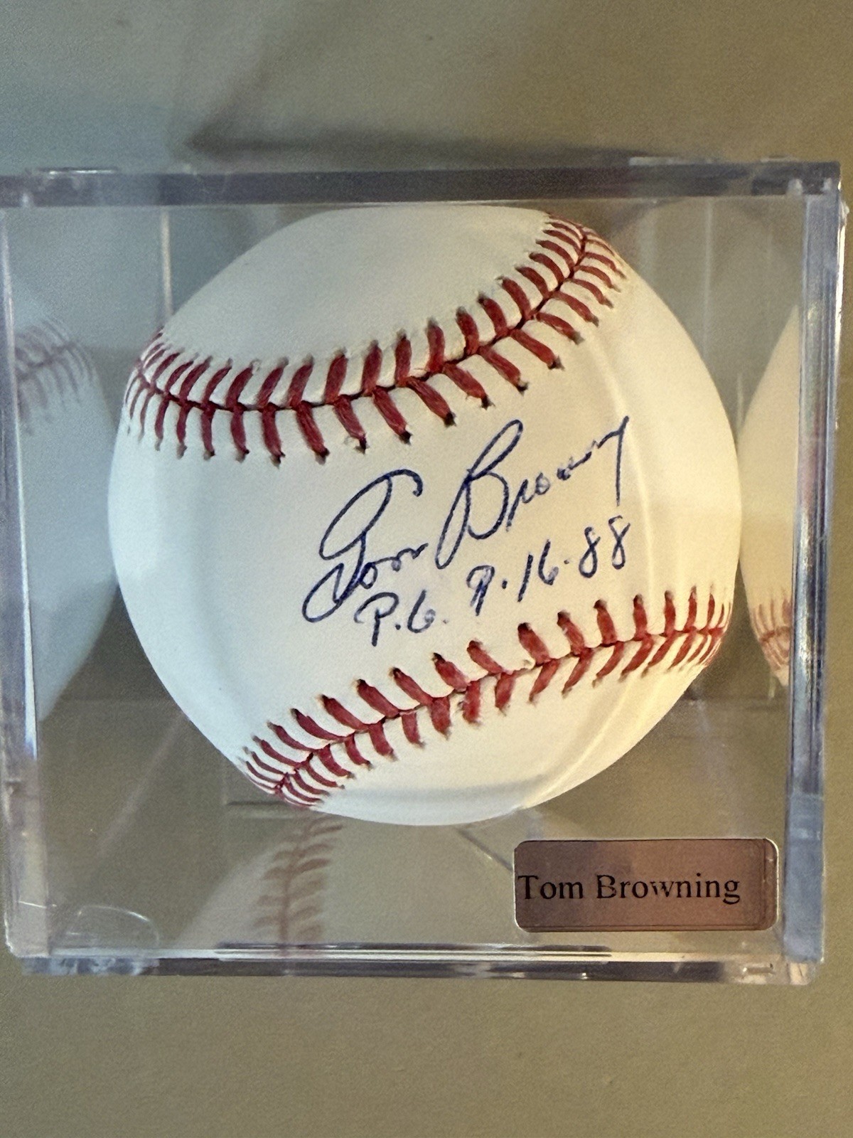 Tom Browning Signed Baseball with Inscription and Display Case
