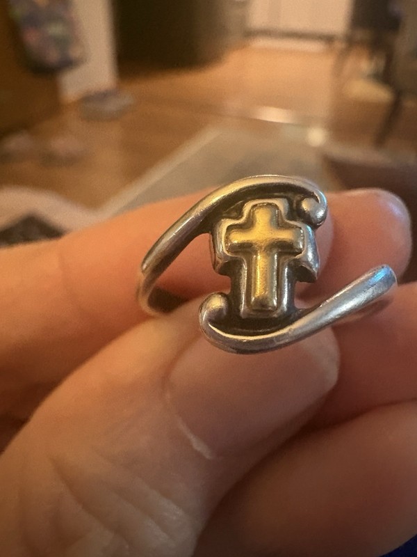 VINTAGE WALDECK JOHNSON 925 14K YELLOW GOLD CROSS CRUCIFIX INLAY RING SIZE 8