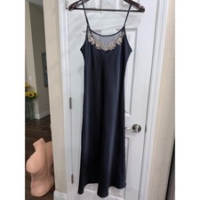 Halston Navy Satin Maxi Nightgown Medium Embroidered Mesh Slip Dress Lingerie