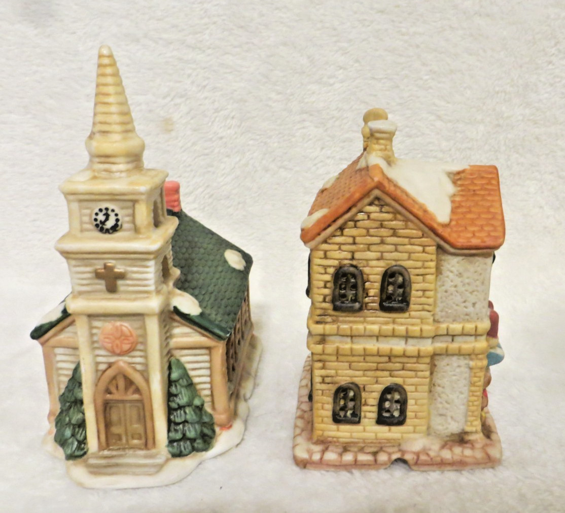 Set of 2 1993 Ceramic Christmas Village Buildings Church Grocery