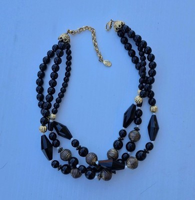 Robert Rose Jet Black Glass & Lucite Gold-tone Ball Bead Beaded Necklace Adjusta