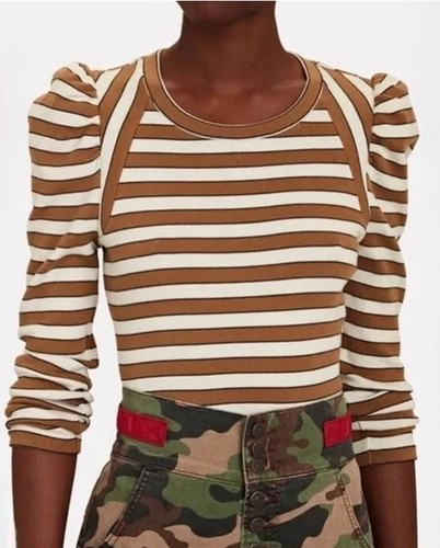 Veronica Beard Jeans Delano Striped Long Sleeve Top Women's Small Brown Cotton