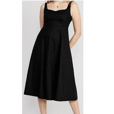 Old Navy Fit & Flare Linen-Blend Cami Midi Black Dress Size 10