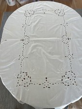 Linen Embroidered Cutwork Floral White Tablecloth with Napkins, 58 x78