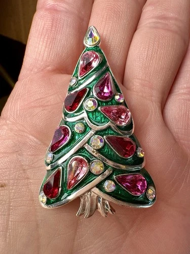 VTG Costume Jewelry Christmas Tree Rhinestone Brooch + Bonus Hair Barrette