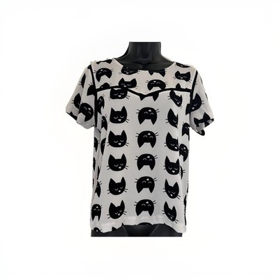 Lily White Black Cat Faces & Crochet Accents sz Medium Lightweight Whimsical
