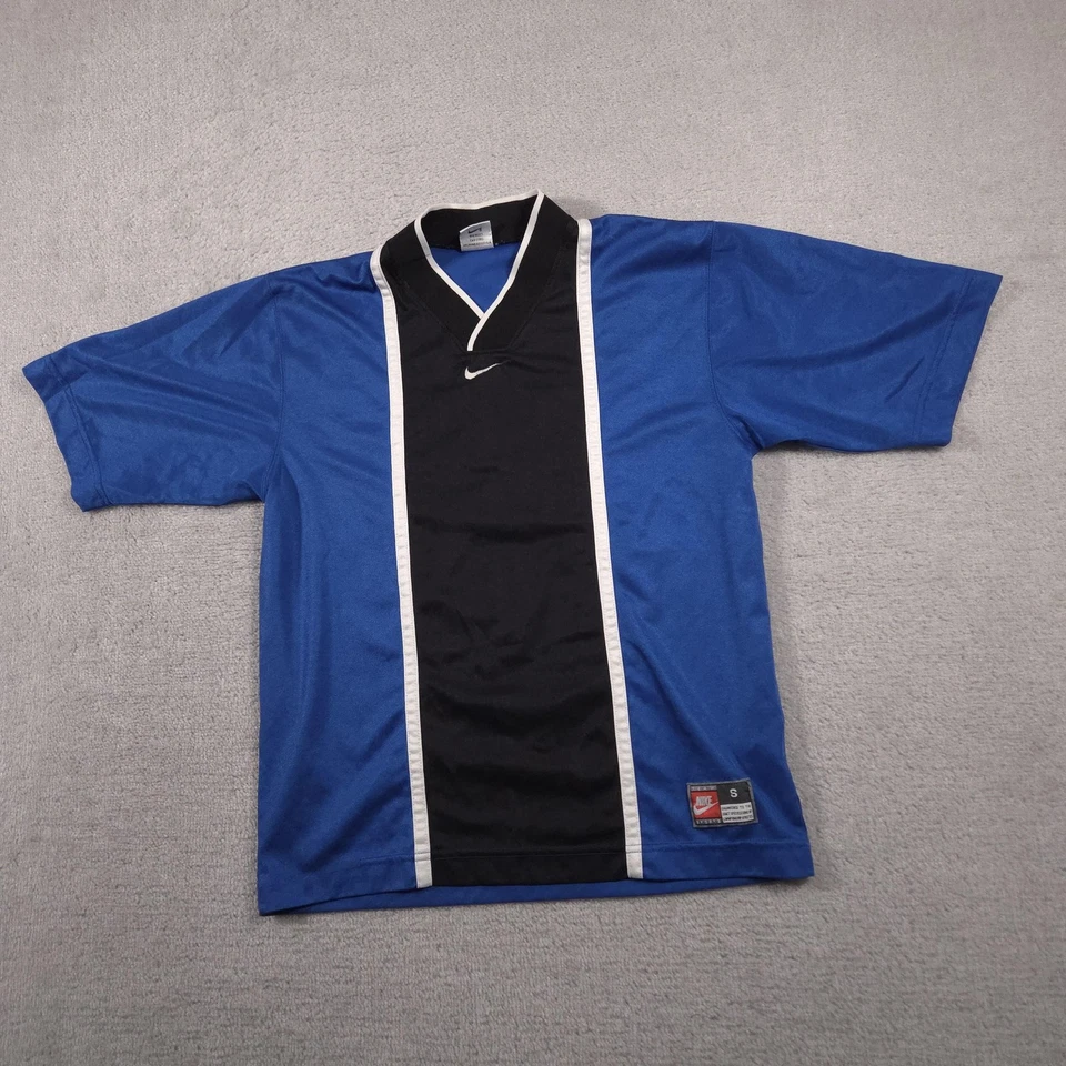 Vintage Nike Shirt Mens Small Blue Black Soccer Jersey V Neck Team Sports 90s - Image 2 of 4