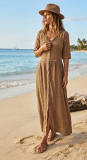 Vintage Boho Embroidered Maxi Dress Olive Tan Button-Front Duster Dress L