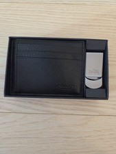 Genuine Coach 3 In 1 Card Case Wallet w Money Clip Black Leather Gift Set