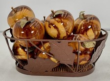 9 Hand Turned Polished Glossy Wooden Apples With Gold Leaf And Basket Gorgeous