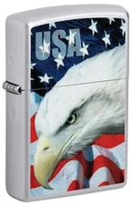 Zippo USA Bald Eagle and Flag Lighter, Satin Chrome NEW IN BOX