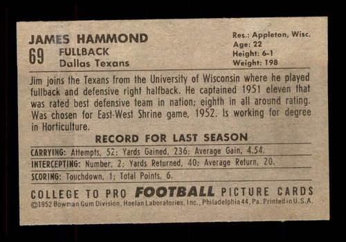 1952 Bowman Small #69 James Hammond VG-EX - Picture 2 of 2