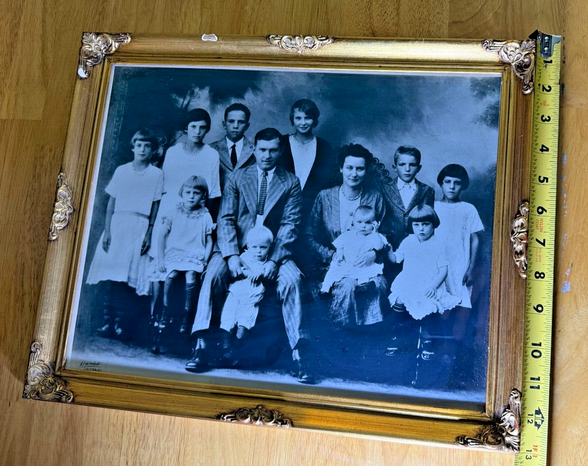 Antique 1930 Family Portrait - Gold Ornate Frame with Names & Date