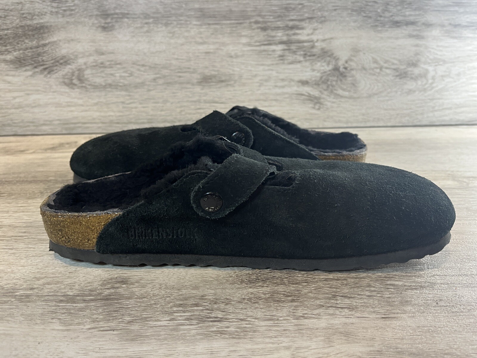 BIRKENSTOCK Black Suede BOSTON Slide on Shearling Sandals shoes